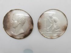 Victorian commemorative relief decorated white metal and domed glass medal sample, in two parts