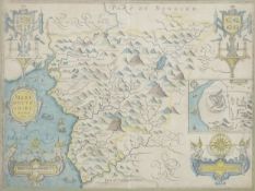 17thC John Speed map of Merionethshire/Montgomeryshire, 37 x 49.5cm, framed and glazed