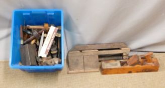 Collection of woodworking tools including rosewood scribe, clamps, planes etc
