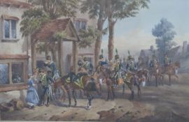 Orlando Norrie (1832-1901), watercolour of 18th Royal Hussars being served drinks outside an inn,