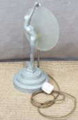 Art Deco figural lamp formed as a lady holding a glass disc, height 41cm