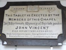 Victorian shaped wood chapel memorial plaque for John Vincent, 62 x 93cm