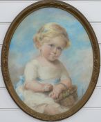 Chalk / pastel drawing of child with basket, monogram EMJ to bottom right, likely early 20thC, 50