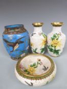 A 19thC cloisonné vase with decoration depicting ducks and flowers, a pair of Chinese cloisonné