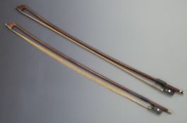 Two cello bows, one with three part button and plain mother-of-pearl eye to frog, 78.6g, the other