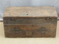 18thC elm chest with older carved panel, W91 D46 H45cm