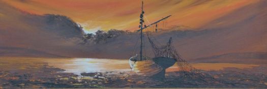 John Bampfield (b 1947) retro oil or acrylic on board beached fishing boat with nets at sunset, 30 x
