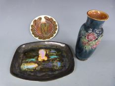 Royal Doulton vase, Dennis China Works plate and a Newlyn Leaper Studio pottery dish, tallest 21cm