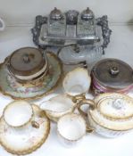 A plated standish/inkwell, Limoges cabinet plate, Victorian tea for two etc