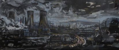 David Smith (1920-1998) watercolour/mixed media of Rotherham Steelworks, dated 1969, 54 x 124cm,