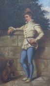 19thC oil on canvas man leaning on a wall with dog by his side, 50 x 29cm, in ornate gilt frame