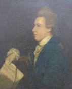 Oil on canvas depicting composer / musician with score, possibly Mozart, 74 x 60cm, in ornate gilt