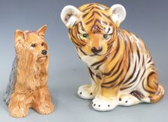Beswick fireside Yorkshire Terrier and a Portuguese tiger cub, tallest 33cm