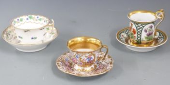Three 19thC cabinet cups and saucers including a German/Austrian example hand decorated with flowers