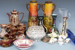 Carltonware Rouge Royale Aladdin's lamp cigarette lighter, pottery coffee set, retro cat vase and