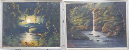 Pair of retro / 1950s Indonesian oils on canvas of waterfall and seascape, signed Supanggih