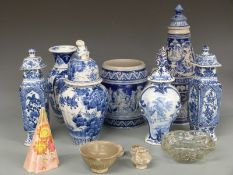 Blue and white ceramics including a pair of covered vases, Delft, German examples etc, tallest