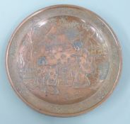 Japanese copper plated plate with embossed decoration of figures and marks to base, 20cm diameter