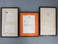 Three political interest framed letters comprising Winston Churchill, Enoch Powell and Dr Shirley