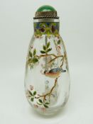 Chinese glass scent bottle with floral and bird decoration, signed to base, 7.5cm tall