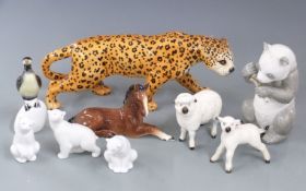 Beswick leopard and lambs, Hollohaza bird, Lladro panda, Nao polar bears etc, tallest 17cm