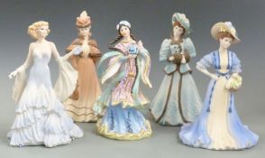 Four Coalport figurines in matt glaze and a Danbury Mint figurine, tallest 22cm