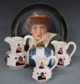 Three graduated Bristol/Pountney jugs, with a 19thC pearlware spirit barrel, possibly by Bristol/
