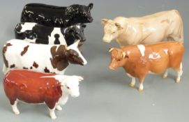 Six Beswick cattle including Aberdeen Angus, Charolais, Ayrshire etc, tallest 14cm