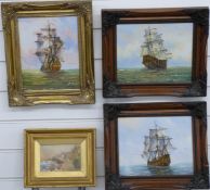 Three oil paintings of ships on quiet seas, two signed Ambrose 20 x 24cm and 24 x 29cm, and the