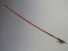 Violin bow by T Henri, octagonal stick, plain mother of pearl eye, nickel button, 53g