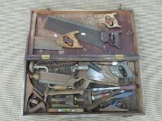 A collection of woodworking tools including S J plane, spanners, power tools etc