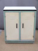 A retro metal kitchen cabinet with two vented doors W77 D36 H89cm ex Cinderford Chapel, Forest of