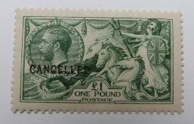 Great Britain 1913 £1 green Seahorse, overprinted CANCELLED, unmounted mint