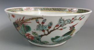 Chinese famille verte bowl with bird and floral decoration, 27cm diameter