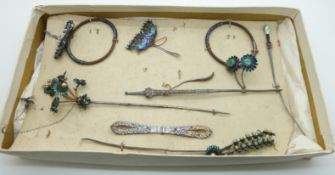 A collection of 19thC Chinese white metal jewellery including hat pins, bangle, hair pins, hair