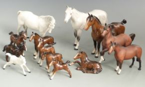 Beswick horses and foals including brown Hackney, grey mare facing right etc, tallest 19cm
