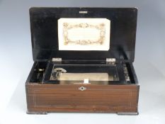Late 19thC Swiss 8 air musical box with zither attachment and tune sheet to inside of lid, length of