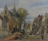 Oil on canvas depicting urban market scene, indistinctly signed, 50 x 60cm, gilt frame