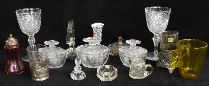 A pair of hobnail cut wine glasses, WMF glass holder decorated with cherubs, covered cut glass