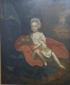 18thC / 19thC oil on canvas of Ann Savage (1745-1816) with her adult head on a child's body. Ann