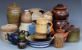 A collection of studio, retro and vintage pottery including Monroa Salt Works bowl, salt container