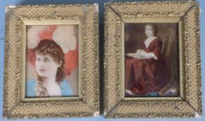 Pair of crystoleum pictures on glass of ladies, each 12 x 18cm, in gilt frames