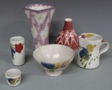 Janice Tchalenko pottery items including a jug, pedestal bowl etc, and one other, mark indistinct