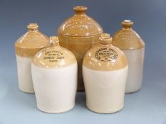 Five vintage stoneware flagons with impressed marks for Henry Baker Bath, Cheltenham Brewery, Arnold