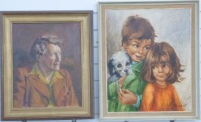 Retro/kitsch acrylic of two children with a pet dog, indistinctly signed Majda K and dated Paris