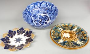 Meissen leaf plate, Austrian majolica charger and a large Japanese pedestal bowl, maximum diameter