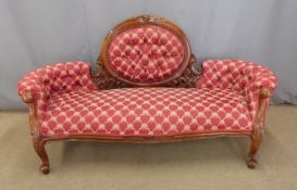 Victorian style mahogany framed upholstered sofa with decorative button back, L196cm