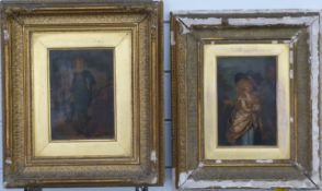 Pair of 18th/19thC portraits on panel lady and gentleman in period dress, 18 x 13cm, in ornate