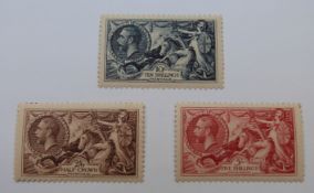 Great Britain 1934 Seahorses, 2s 6d chocolate brown, 5s bright rose red and 10s indigo, all mint