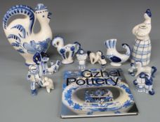 A collection of Russian Gzhel pottery with a Gzhel book (10), tallest 23.5cm